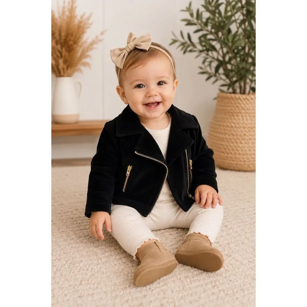 Genuine Kids OshKosh Baby Girl Black Faux Suede Moto Jacket 12M Gold Zip